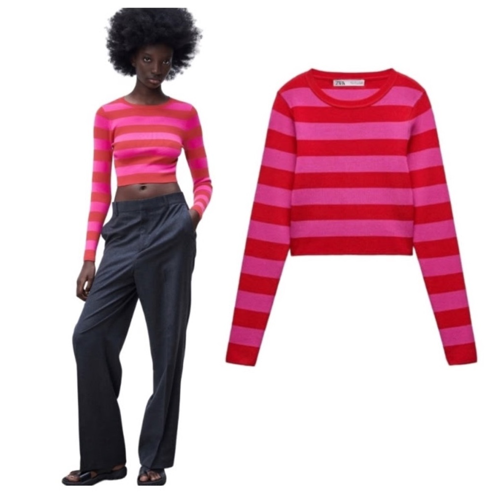 Zara Red and Pink Striped Knit Top